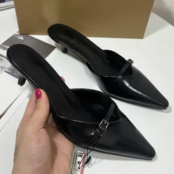 Elegant Slingbacks Women Sandals summer 2024 Luxury Desinger Pointed Toe Chic Buckle Black Party High Heels Lady Mules Shoes