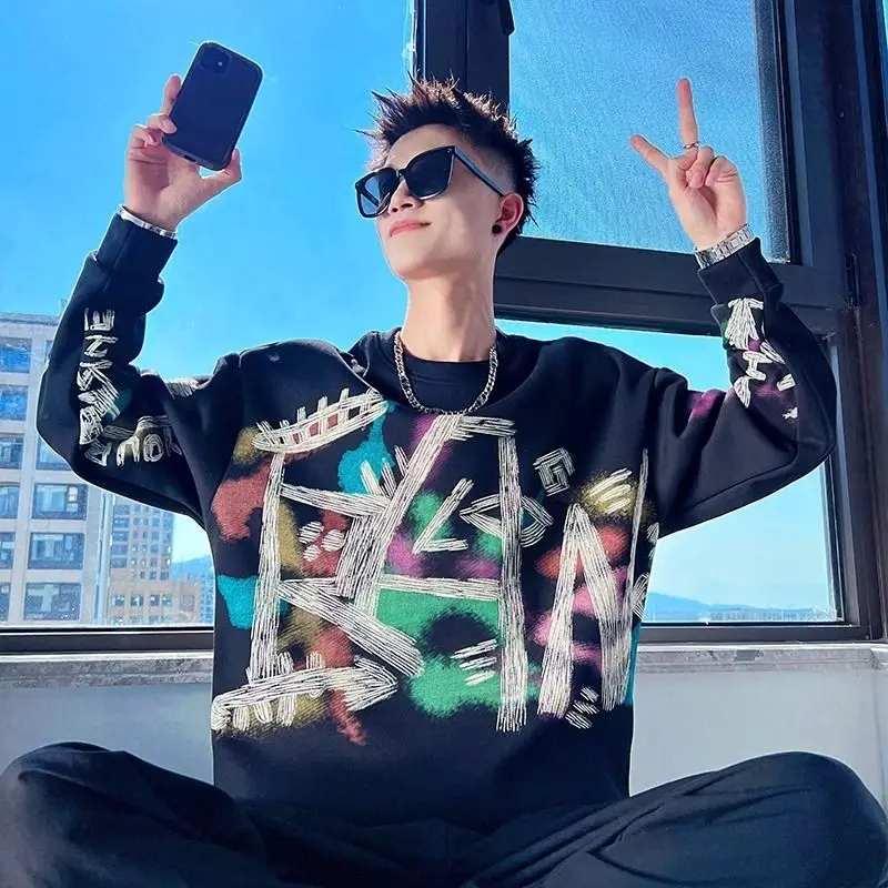 Men's Graffiti Hoodless Hoodie Men's Instagram Trendy T-shirt Spring and Autumn New Long Sleeve Spring Hoodie Round Neck Coat