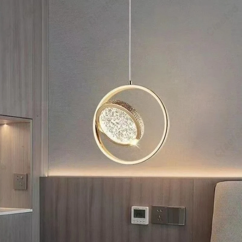 

Modern Led Round Pendant Lights Crystal Ring Hanging Lamps Gold Bedside Lighting Decoration Bedroom Rotatable Luxury Droplight