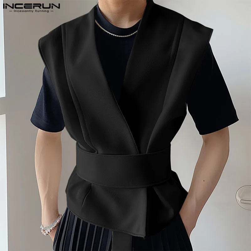 

INCERUN Men's Vests Solid Color V Neck Sleeveless Casual Male Waistcoats With Belt Streetwear 2024 Fashion Leisure Vests S-5XL