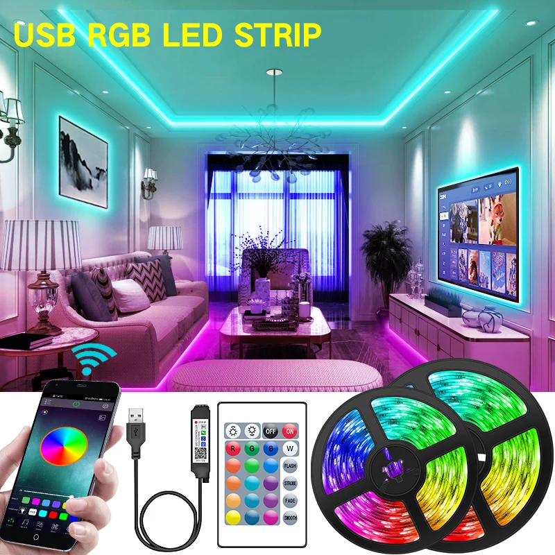 

LED Strip Lights RGB 5V 5050 Bluetooth App Control USB Led Tape Flexible Ribbon Diode Tape for TV Backlight Room Decoration