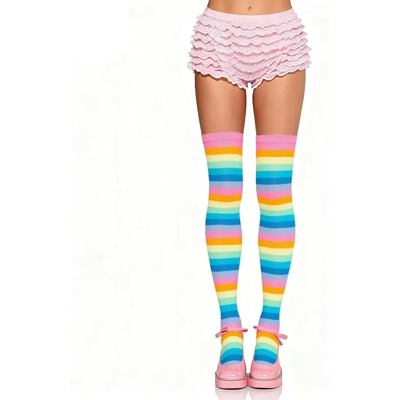 Soft Elastic Rainbow Striped Thigh High Socks, Over Knee Long Stockings for Daily Wear Party Cosplay Halloween Costume