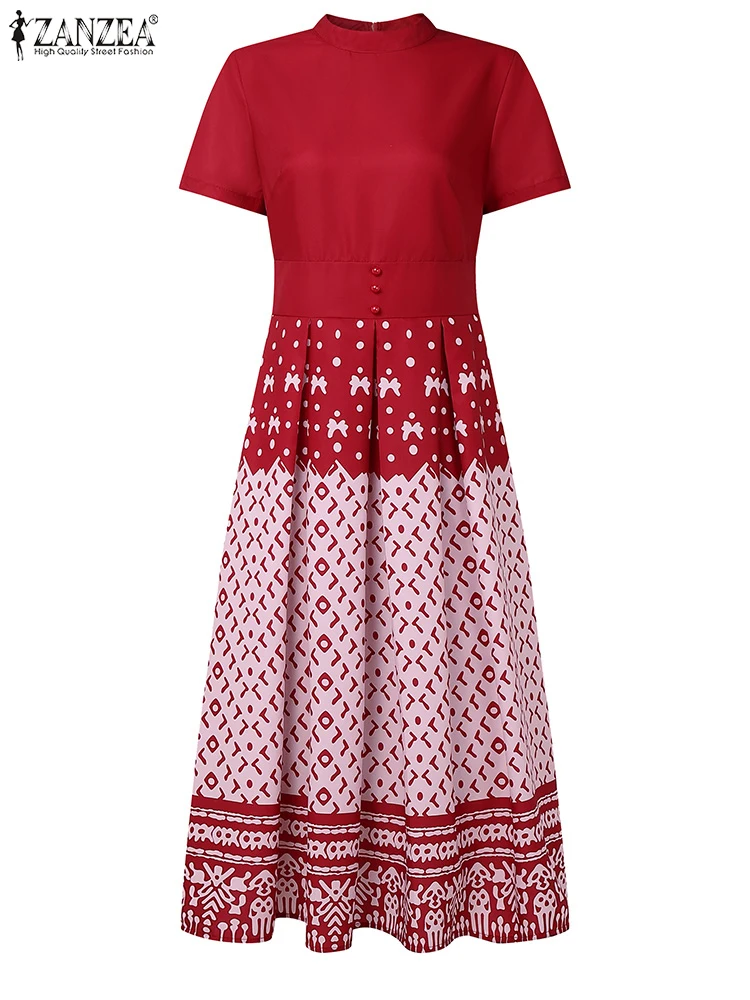 2023 ZANZEA Zomer Stijlvolle Gedrukte Jurk Elegante Vrouwen Jurken Stand Hals Korte Mouw Party Werk Zonnejurk Mode Een Lijn Gewaden