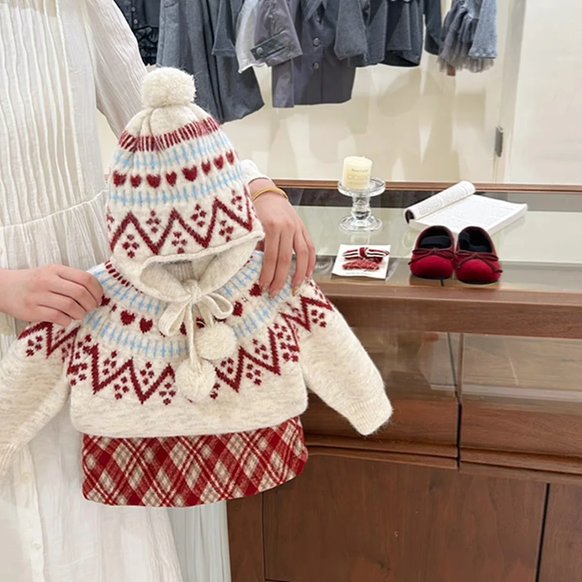 Christmas Red Grid Song! Vintage Fel Island Jacquard Sweater for Girls in Autumn and Winter Lazy Style Knitted Sweater