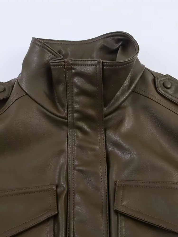European and American style autumn new fashion women's motorcycle shiny imitation leather stand collar long sleeve jacket short