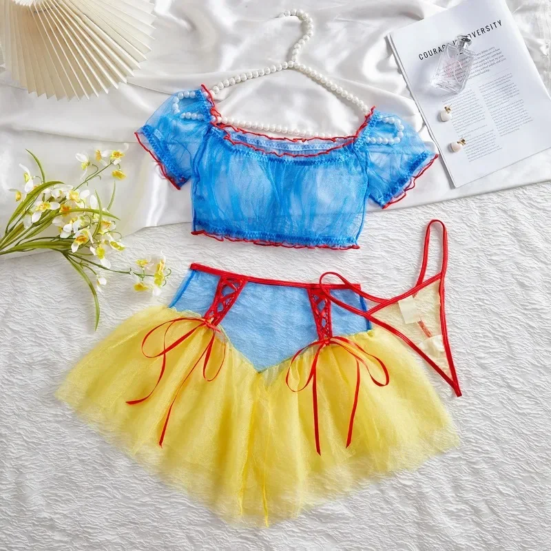 

Sexy Snow White Lingerie Sets Perspective Ultra Thin Mesh Splicing Bra Thong Mini Tutu Skirts Maid Role-playing Erotic Costumes