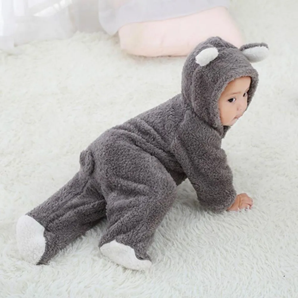 Newborn Baby Boy Girl Kids Bear Hooded Romper Jumpsuit Coral Fleece Bodysuit Clothes Outfits One Piece Outfit Toddler Playsuit