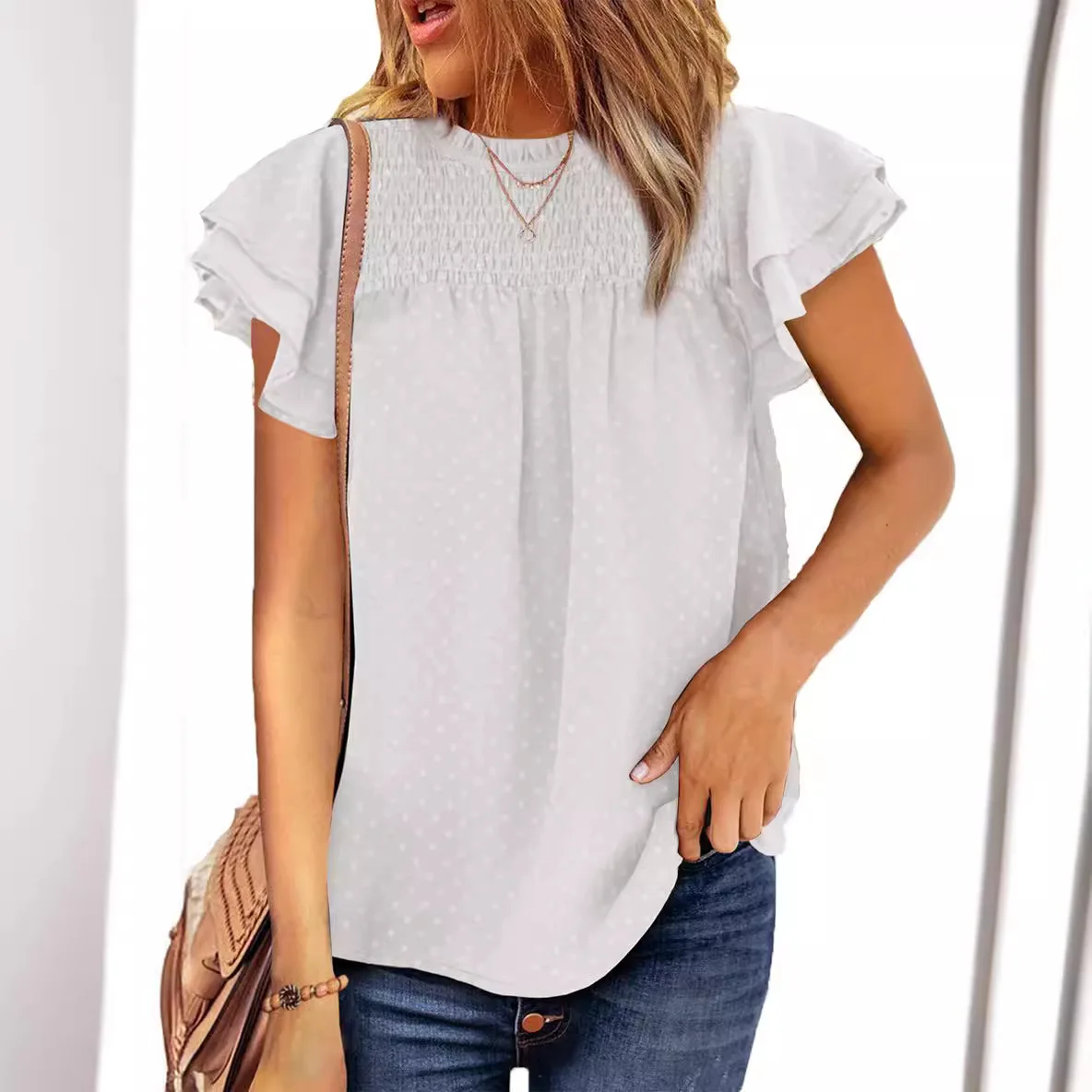 2024 Women's T-shirt Solid Color Jacquard Chiffon Shirt Women's Top Loose Round Neck Pullover Short Sleeved T-shirt For Women