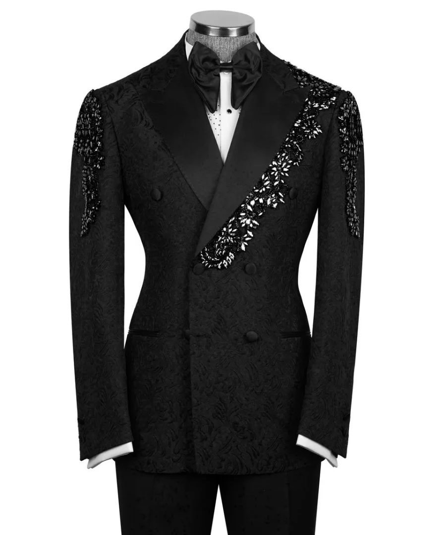 

Traje de hombre Customized Black Jacquard Wedding Groom Tuxedo with Crystal 3pcs Formal Party Host Performance Man Suits Luxury