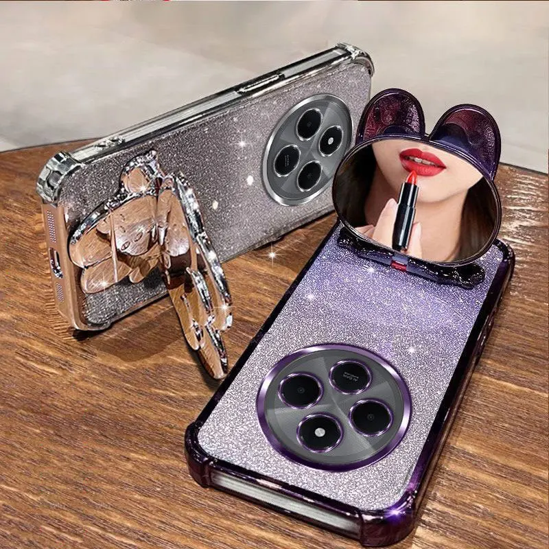 Xiaomi Redmi 14c,13c,c65用のミラーホルダー付きデラックスシリコンケース,Poco-C75