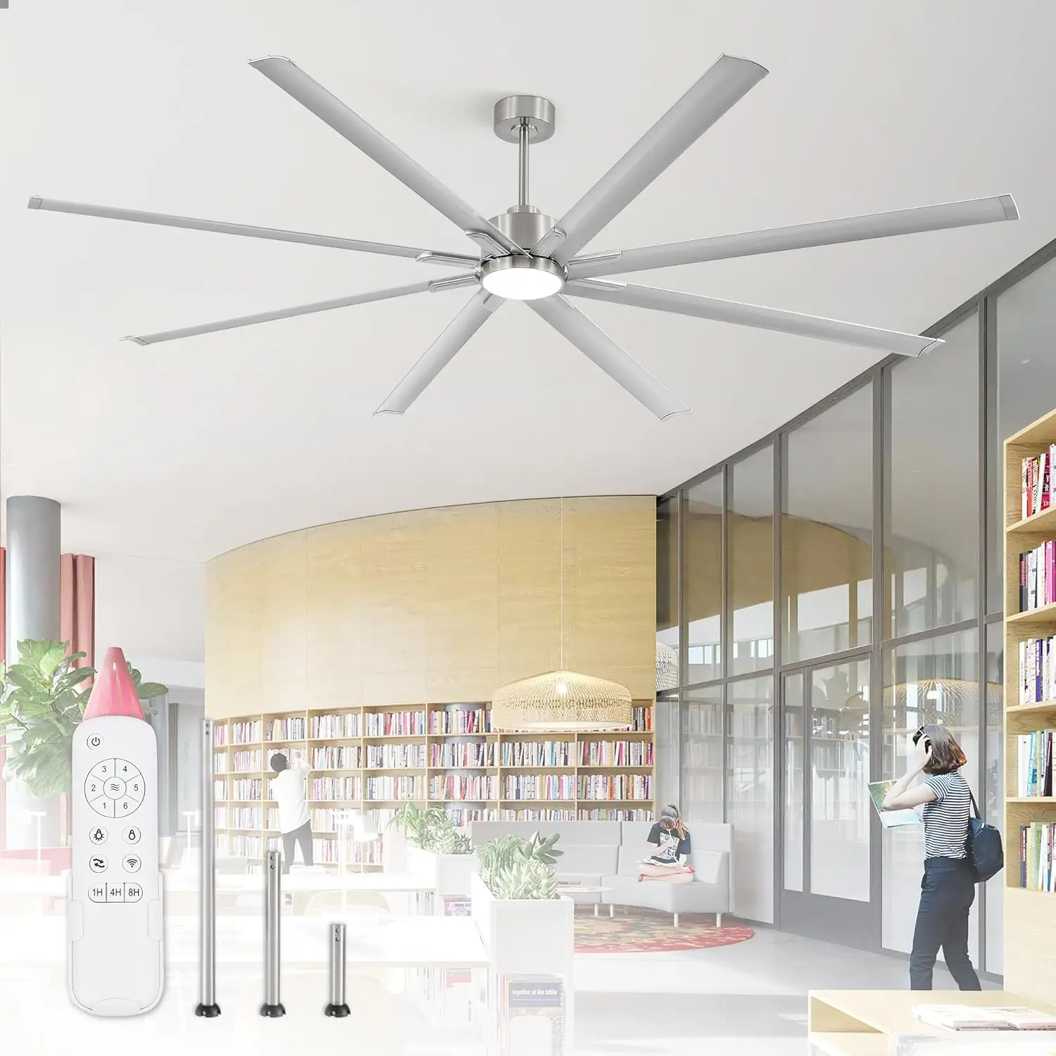 

96-Inch Industrial Ceiling Fan with Light, 3-Color Temperature, 8 Reversible Aluminum Blades, Quiet DC Motor, 6-Speed Remote, Indoor/Outdoor for Patio, Garage, Porch, Nickel Finish