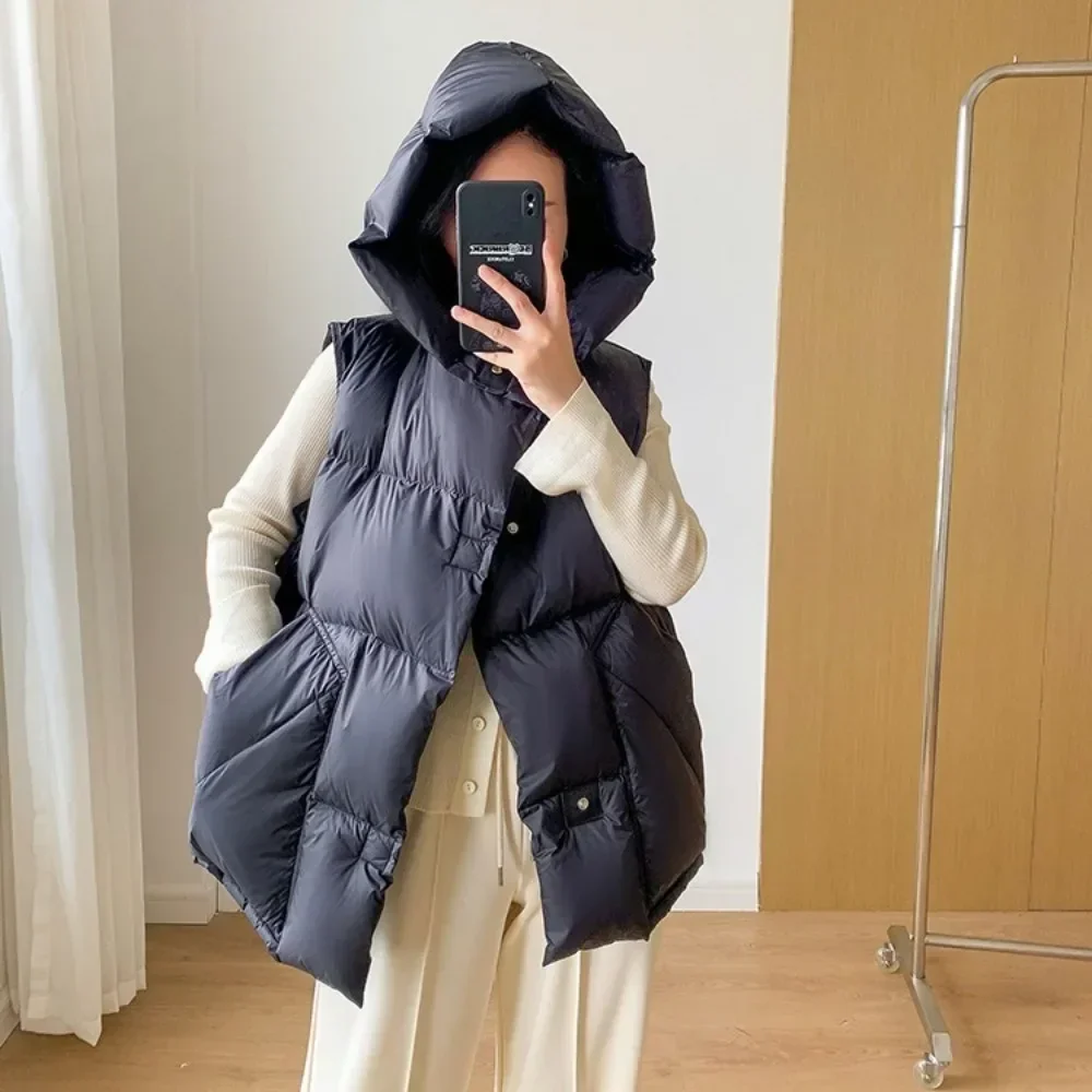 Duck Down Warm Streetwear Pocket Sleeveless Jacket Oversize Puffer Coat Outerwear Hooded Waistcoat Woman 2024 Autumn Winter