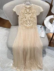 Designer Summer Holiday Formal Occasions Lace Embroidered Dress For Women Butterfly Short Sleeve Pleated Midi Long Dresses Party