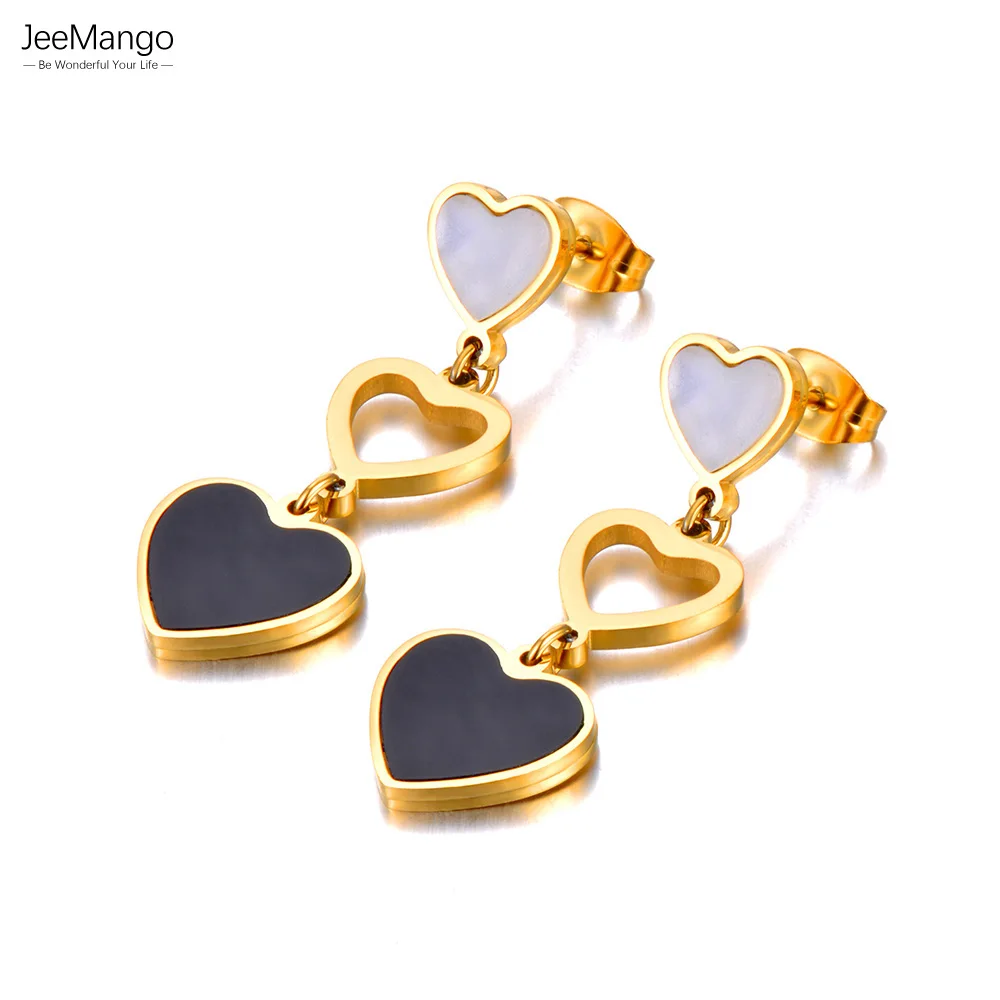 

JeeMango White Shell Heart Stud Earrings For Women Girls Trendy Stainless Steel Black Acrylic Dainty Jewelry серьги JE23018