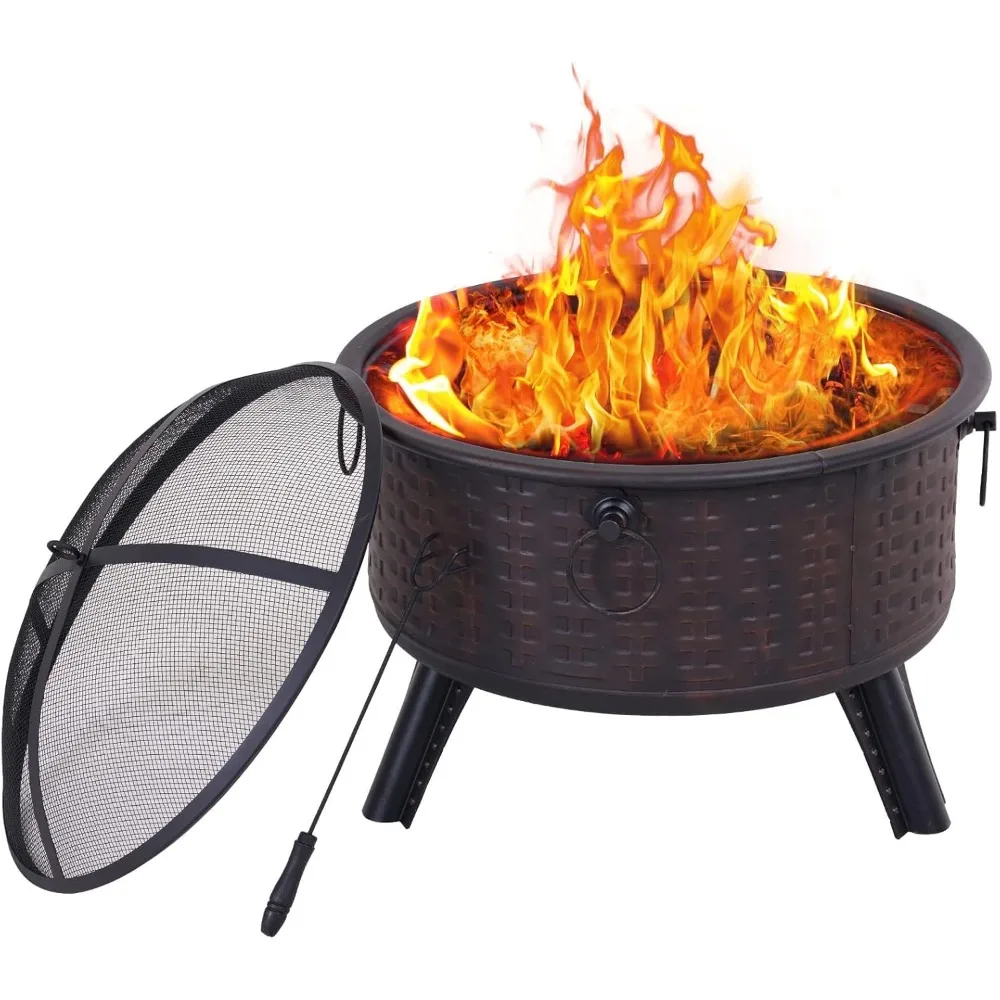 Fire Pits for Outside,Round Deep Bonfire Wood Burning Fire Pit with Spark Screen Cover Safe Mesh Lid and Poker outdoor fireplace