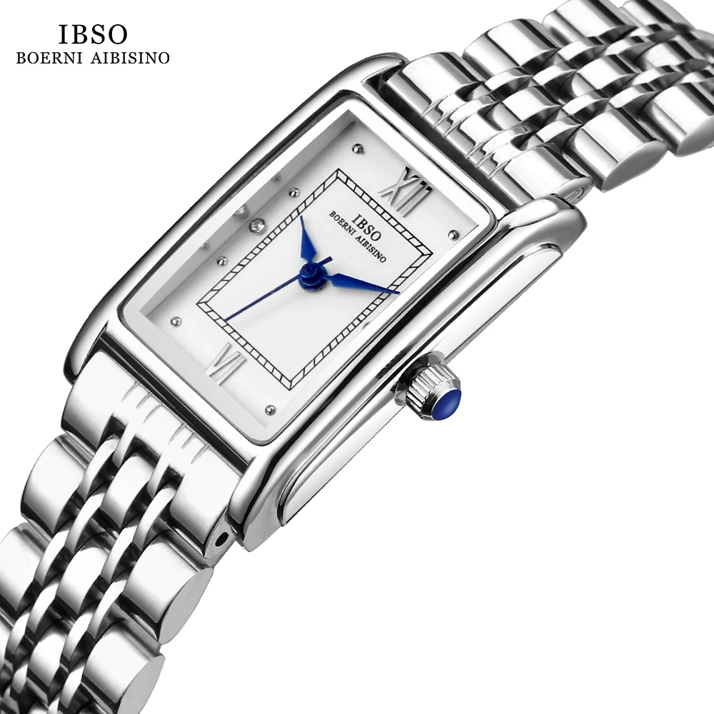 IBSO 2023 New Luxury Women Quartz Watches Stainless Steel Strap Waterproof 3ATM Watch Ladies Fashion Blue Three Hands Dial 9208#