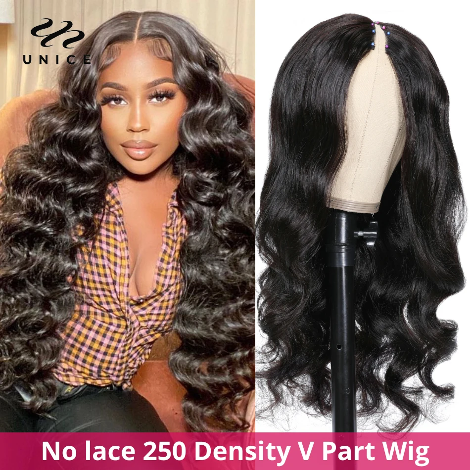 UNice Hair 250 Density Body Wave V Part Wig Human Hair Natural Color Upgrade U Part Wig Minimal Leave Out No Lace No Glue Wig