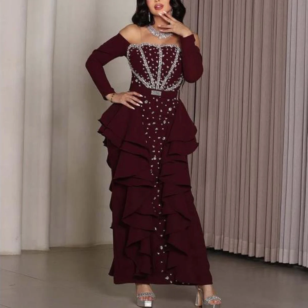 

Вечернее платье с оборками из бисера по индивидуальному заказу, длиной до щиколотки, с открытыми плечами, прямое коктейльное платье, шифоновые платья для свадебных гостей