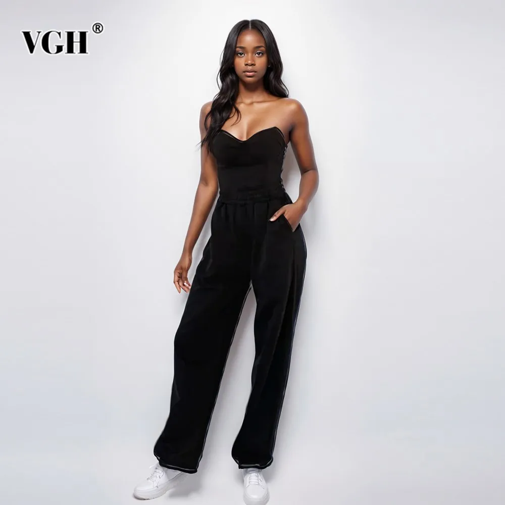 

VGH Casual Two Piece Sets For Women Strapless Sleeveless Spliced Zipper Jumpsuit High Waist Wide Leg Pants Slimming Set Female