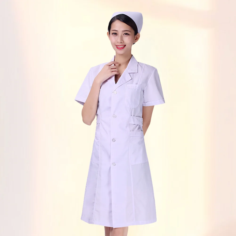 

White Short Sleeve Uniform Beautician Nursing White Coat Cotton Hospital Apparel Clothes V Neck Labour Costume