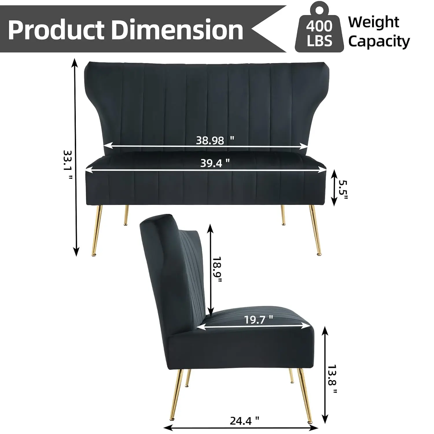 Velvet Armless Loveseat Wingback Sofa Gold Metal Legs 2 Seater Living Room Bedroom Black, Customized
