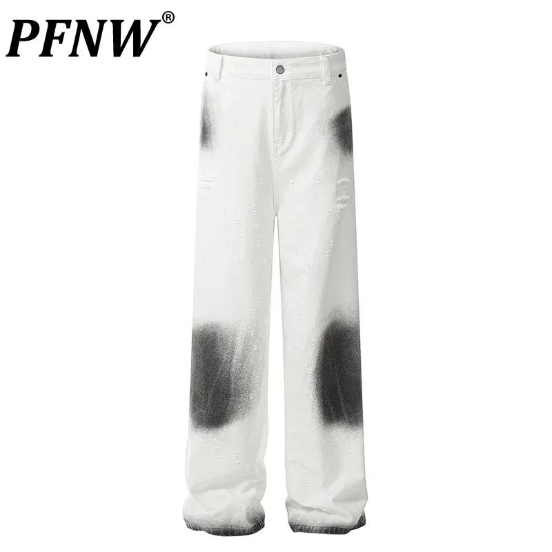 

PFNW Men's Denim Pants Speckled Ink Painted Niche Design Worn-Out Male Wide Leg Jeans 2024 Stylish Summer Contrast Color 28W3513