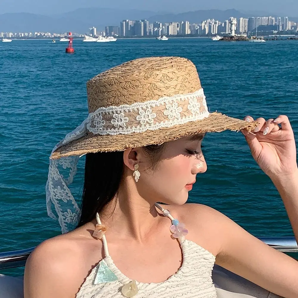 

Lace Flower Straw Hat Breathable Material Extended Brim Sun Protection Hat Elegant Style Solid Fringe Lace Straw Hat