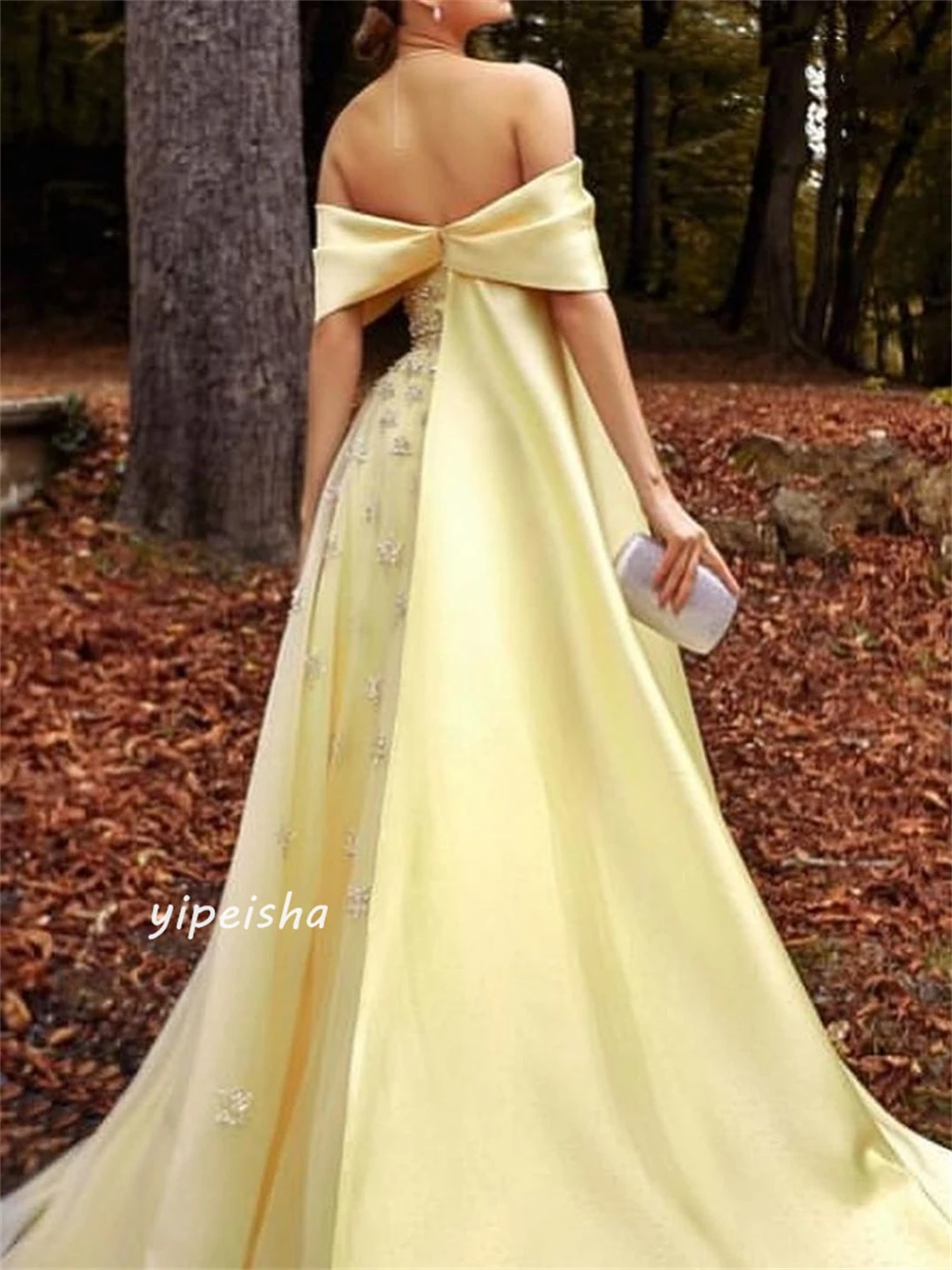 Customized  Satin Sequined Ruched  A-line Off-the-shoulder Bespoke Occasion Gown Long Dresses Saudi Arabia Evening