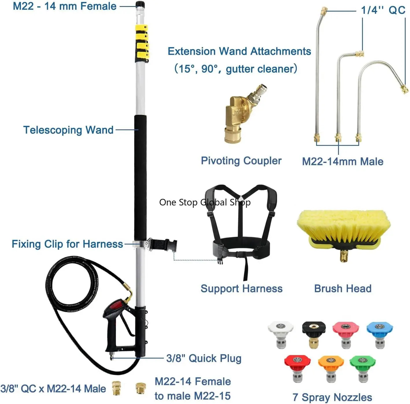 Pressure Washer Extension Rod, Ground 24 Gutter Cleaning Tool with Brush, Pressure Washer Extension Rod