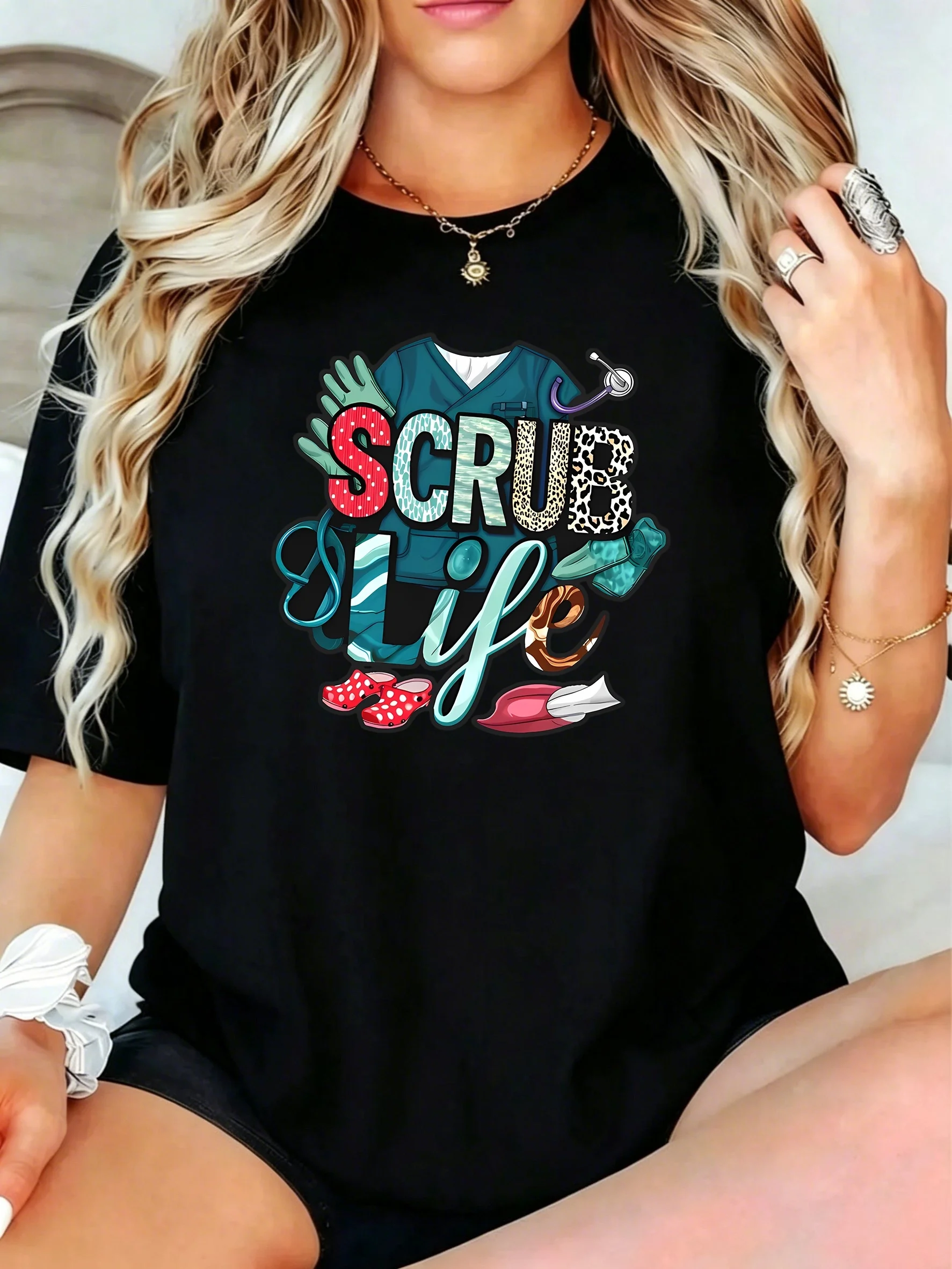 1Pcs Plus Size Women T-Shirt, Scrub Life with Medical Scrubs and Accessories Shirt, Loose Type Shirt for Women