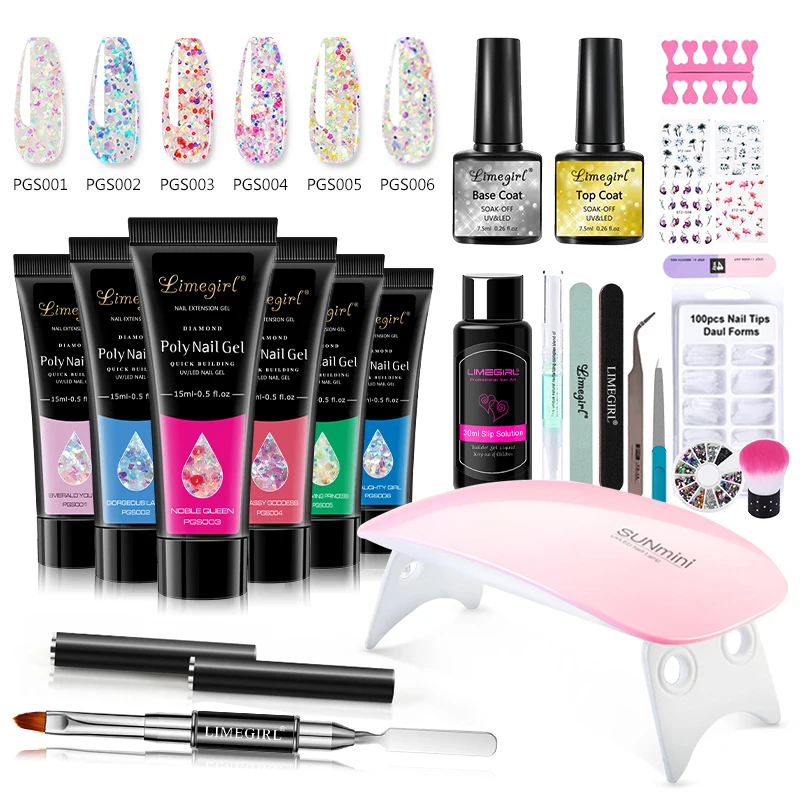 Poly Gel Nail Set com lâmpada LED 6W, Unha Set para Iniciante, Dicas Art, 3D Design, Decoração, Extensão Kit Manicure Ferramentas