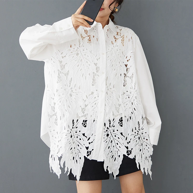 

hollow out lace shirts women loose fashion lady white lace tops