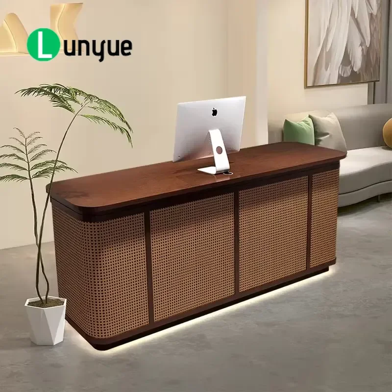 Japanese Style Rattan Front Desk Reception Counter for Retail Store Natural Wood Design Elegant Reception Station