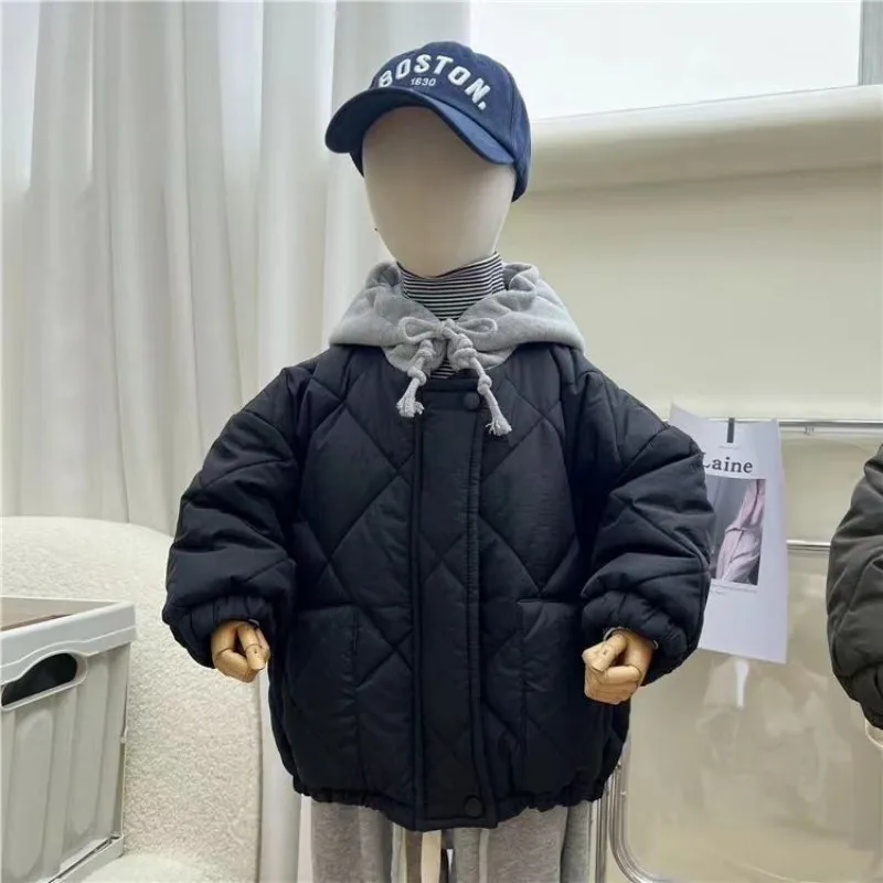 Children Cotton Padded Coats Winter Solid Plaid Warm Boys Girls Hooded Parka 1-8Years Kids Loose Casual Quilted Jackets