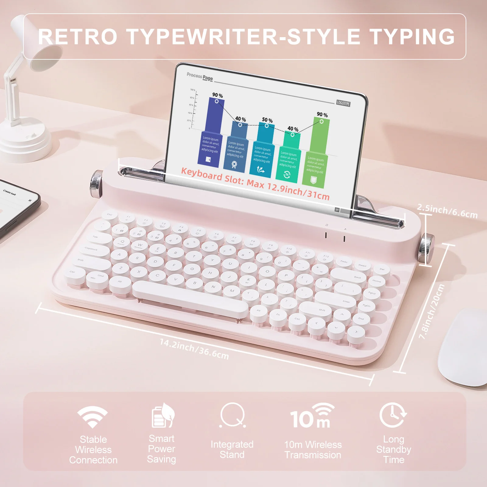 YUNZII B305 Wireless Typewriter Keyboard, Pastel Retro Aesthetic Keeb with Adjustable Stand, Bluetooth for Mac/Win/Android/iOS