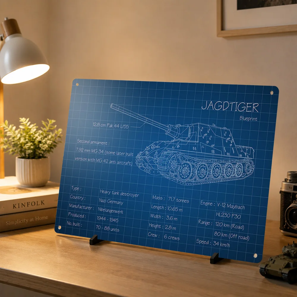 Jagdtiger Tank Blueprint 3D Texture Printed Poster Custom Vintage Metal Tin Plate Sign for Wall Art Interior Office Decor Room