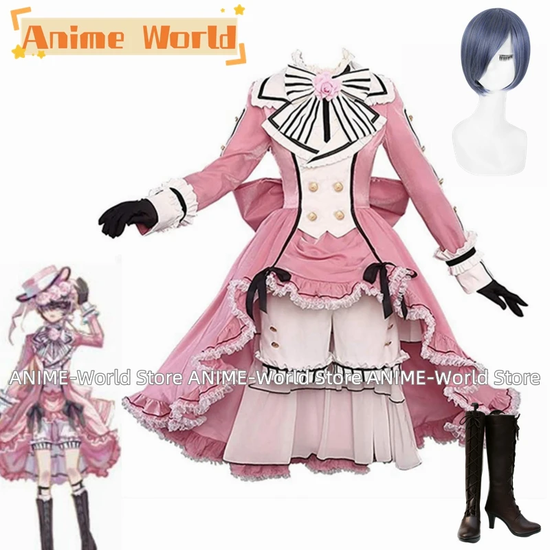 

《Custom Made》Anime Black Butler Ciel Phantomhive Pink Robin Uniform Cosplay Costume Dress Halloween Carnival Wig Shoes For Women