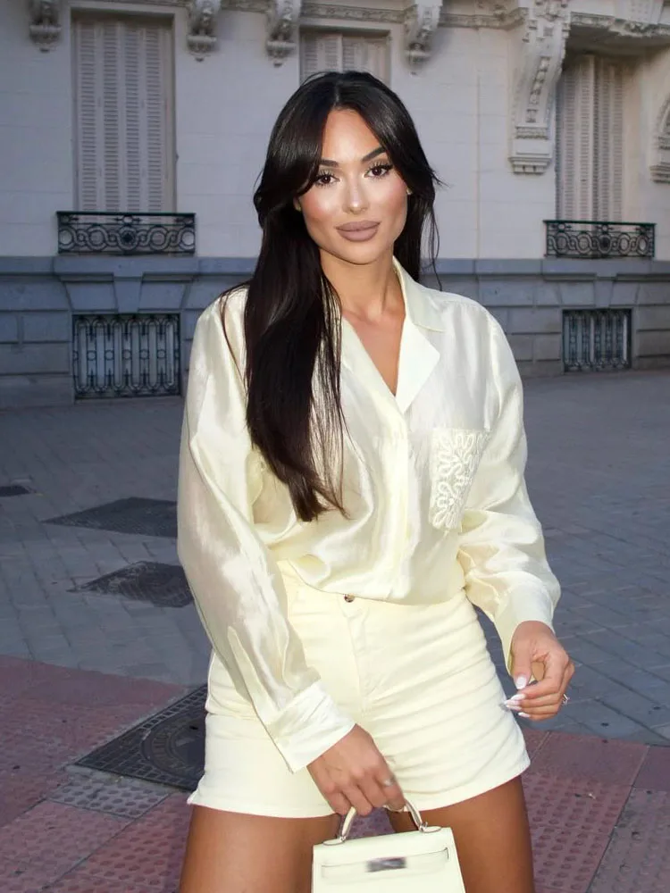 

HH Woman Elegant Single-Breasted Embroidery Decorate Slim Translucent Blouses Women Summer Lapel Long Sleeves Loose Shirts