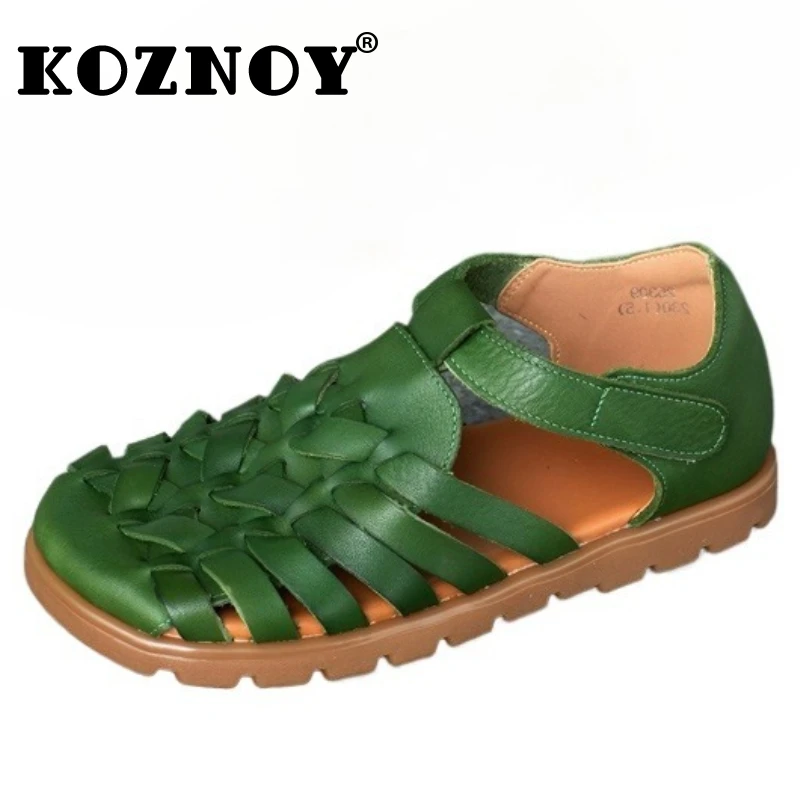 

Koznoy 1.5cm 2025 Cow Weave Genuine Leather Mary Jane Shoes Flats Summer Luxury Flats Women Sandals Platform Wedge Hook