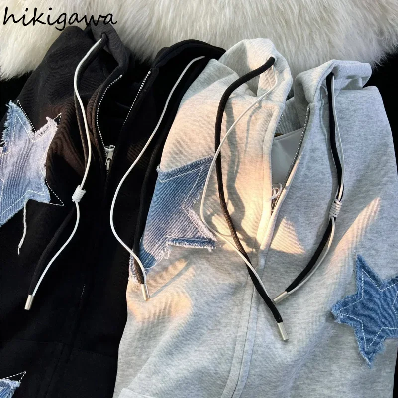 Streetwear Hoodies Women Stars Print Fashion Oversized Outwear Harajuku Casual Hooded Zipper Sweatshirt Jacket Korean Y2k Tops