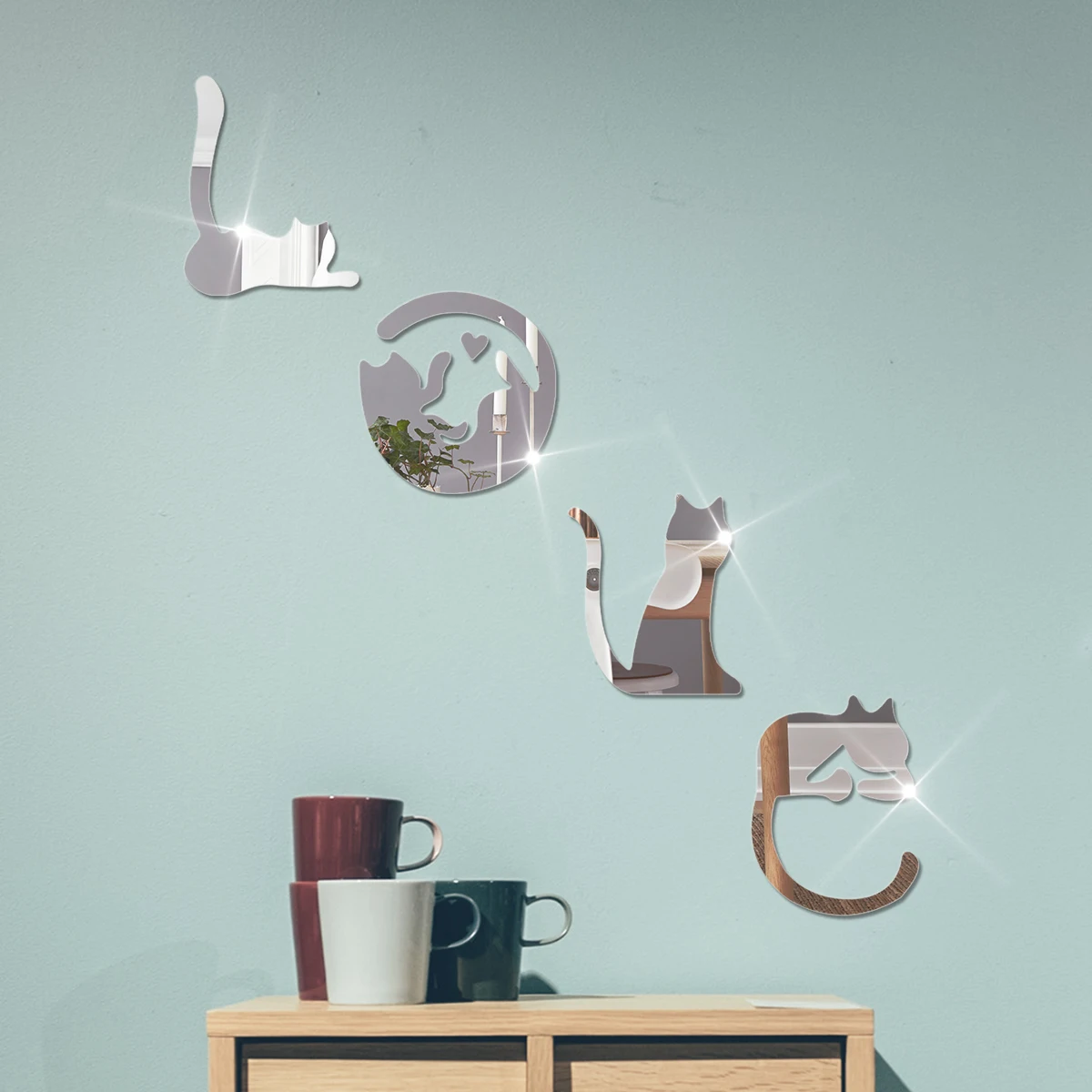 Cat LOVE Mirror 3D Wall Sticker Acrylic Home Decoration Peel & Stick Wallpaper Bathroom Bedroom Living Room Door Wall Decor