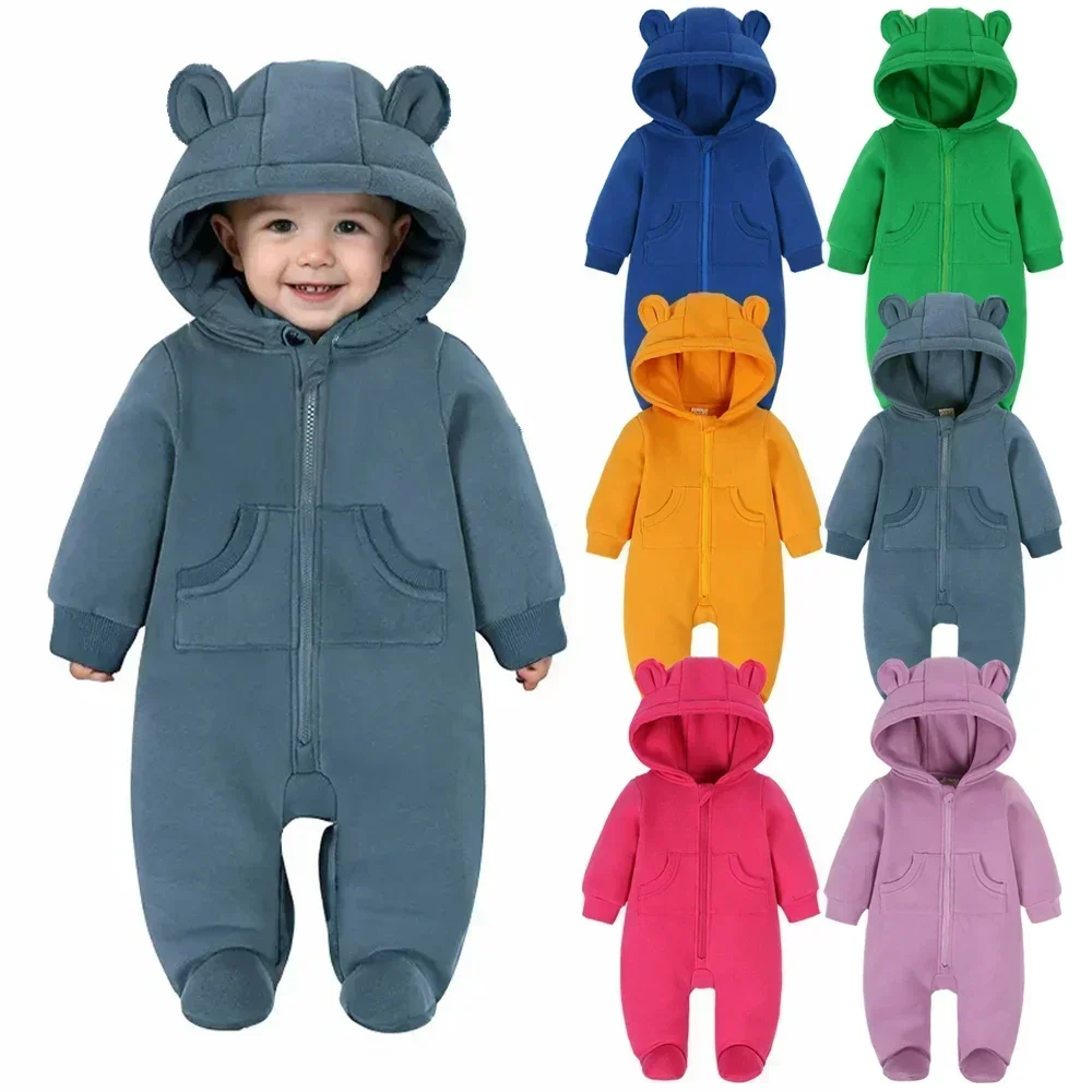 

2025 Newborn Baby Winter Warm Romper Solid Pocket Hooded Bear Thick Clothes 0-24M Infant Korean Boy Girl Outfits Bodysuit