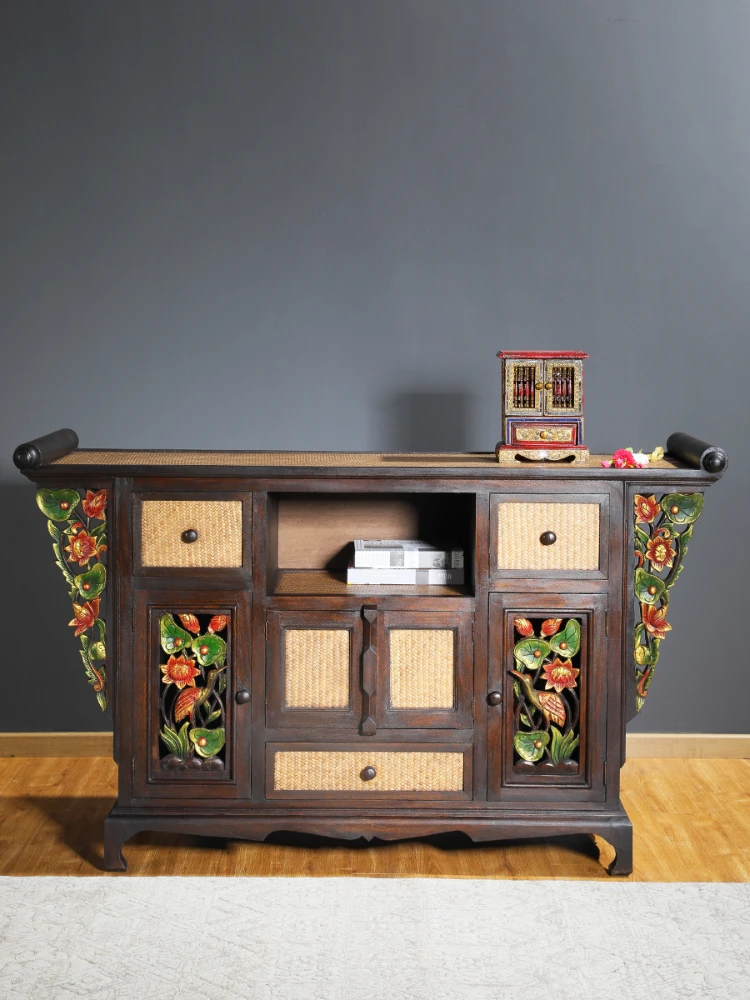 Furniture Solid Wood Carved Living Room Entrance Cabinet Rattan Storage Organizer Decorative Cabinet