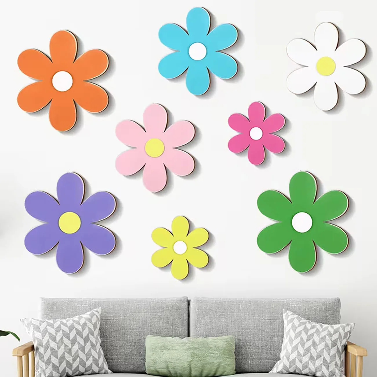 8 Pieces of Wooden Chrysanthemum Wall Decoration 2D Flat Printed Children's colorful Floral Wall Decoration
