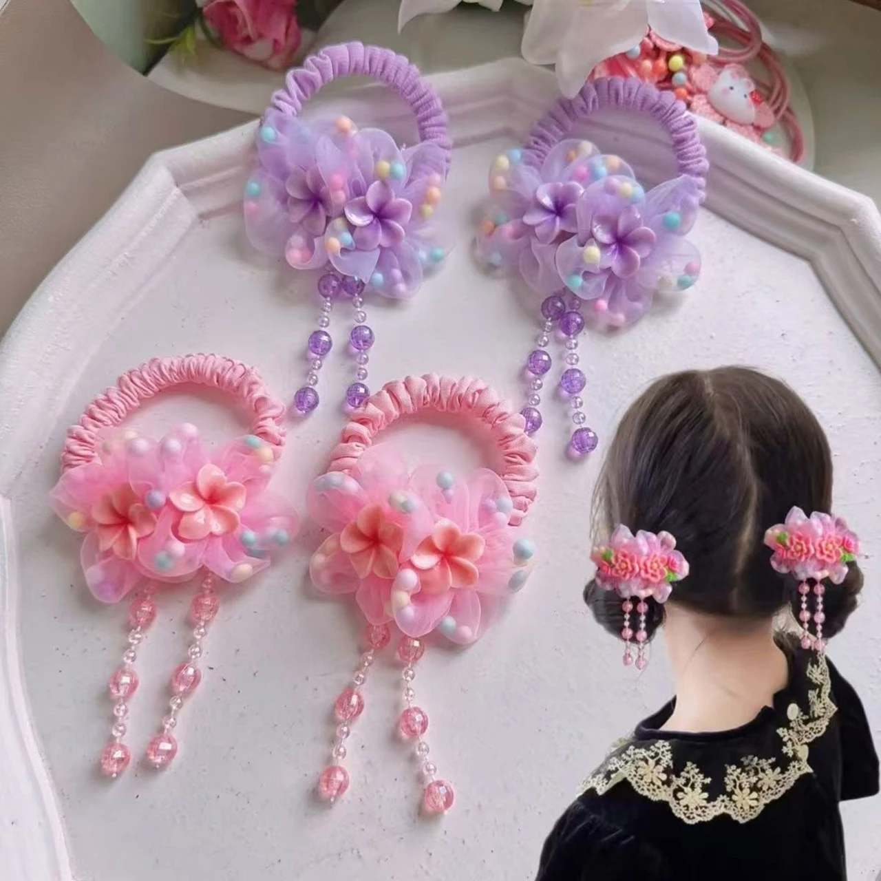 Pink Purple Flower Hair Ropes Sweet Girl Headflower Kids Bead Pendant Tassel Hair Accessories Princess Baby Elastic Rubber Bands