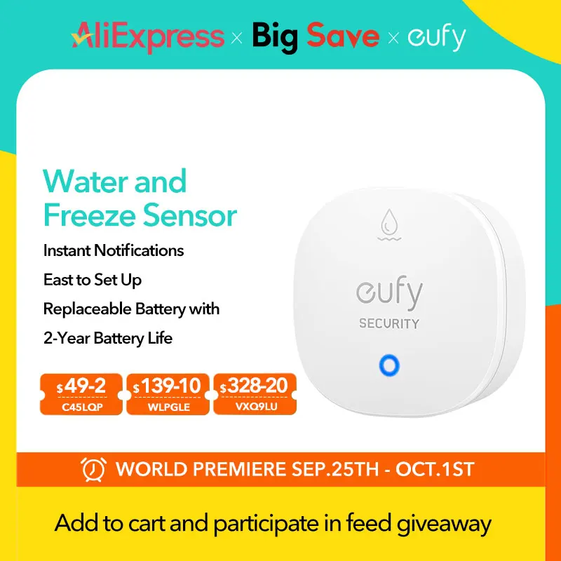 Sensor de congelación y agua de seguridad eufy con alertas remotos IP65 Resistente al agua Batería de 2 años Base para el hogar necesaria