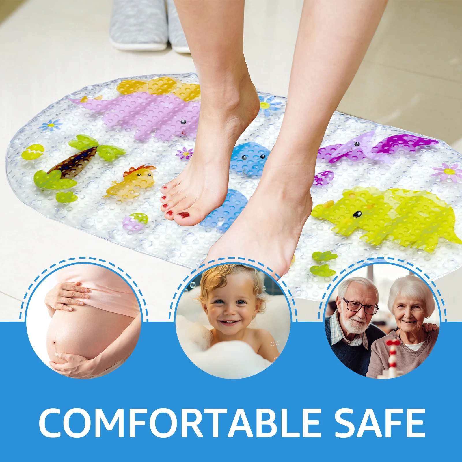 Kids Cartoon Non Slip Bathroom Mat PVC Baby Bath Mat with Suction Cup 69x39cm Oval Baby Bathroom Shower Mat for Household Bath