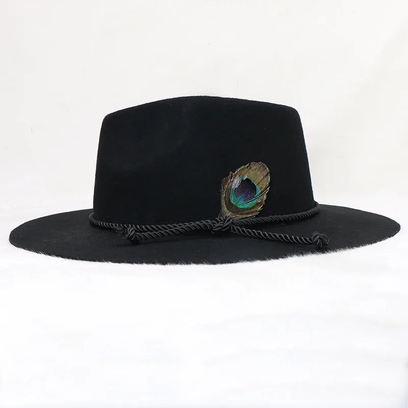 Cowboy Hat Wool Felt Topper Western Peacock Feather Gentlemen's Hat Fedora Hat Male Winter Hat