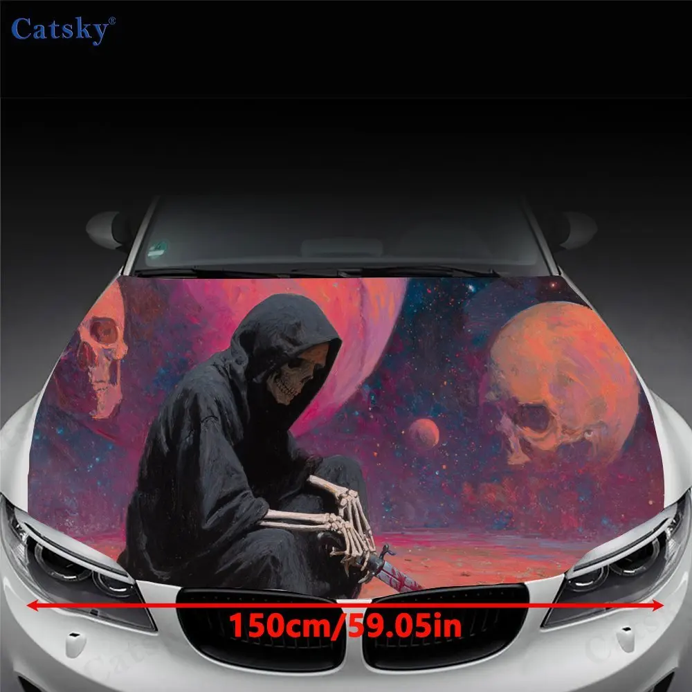 Naklejka na maskę samochodu z motywem magicznej planety szkieletów, wodoodporna naklejka samoprzylepna z PVC, dekoracja i ochrona maski samochodu.