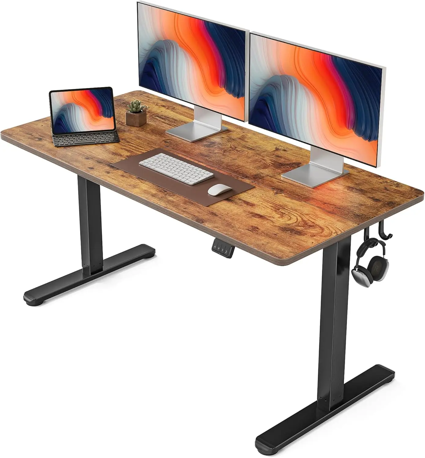 

55x24 Inch Electric Height Adjustable Standing Desk, Sit Stand Home Office Desk with Splice Board, Black Frame/Brown Top